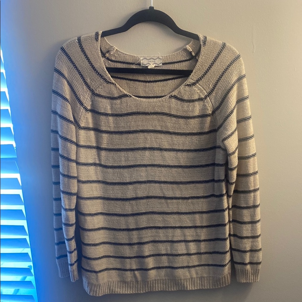Pink Rose Cream and Blue Crew Neck Sweater with Stripes
